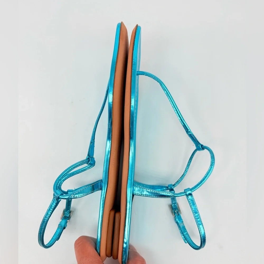 Prada Metallic Blue/ Turquoise patent leather T- strap Thong flat sandals EU 38 - Picture 4 of 9